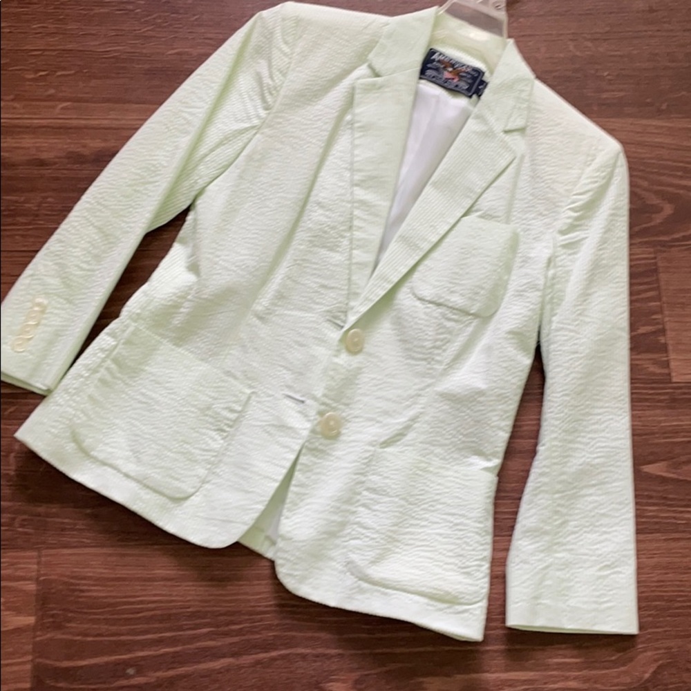 Green White Seersucker Striped Blazer